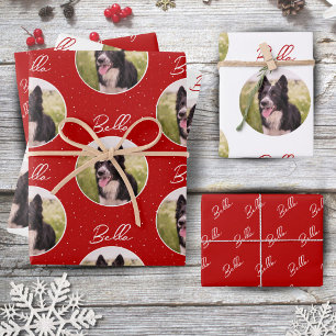 Border Collie Dog Photo Trendy Script Pet Name  Wrapping Paper Sheets