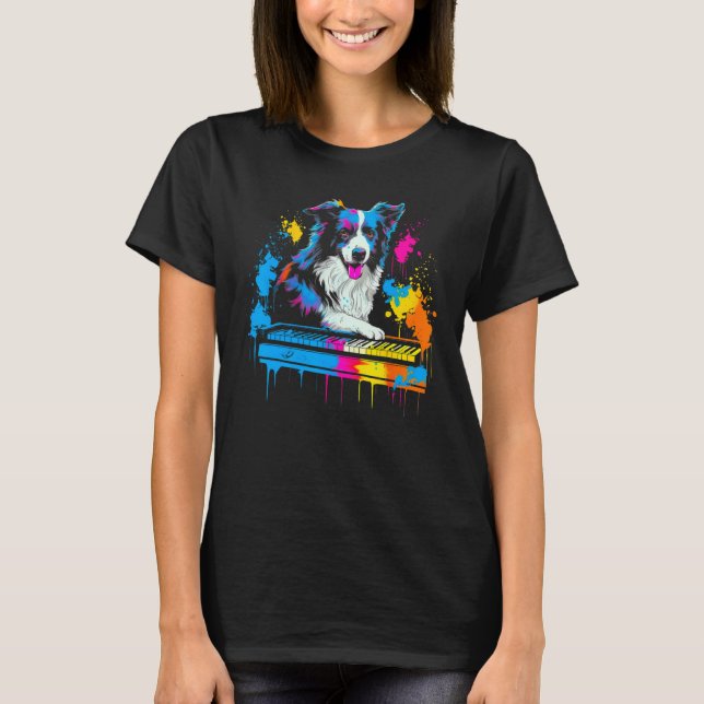 Border Collie Dog Pianist T-Shirt (Front)