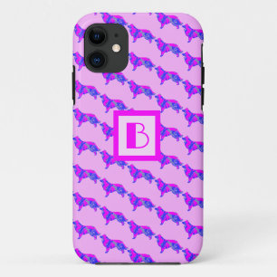 Border Collie Dog Pink & Blue Silhouette Monogram iPhone 11 Case