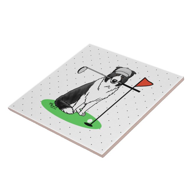 Border Collie Dog Playing Golf (black & white) Fun Ceramic Tile (Side)