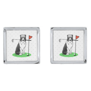 Border Collie Dog Playing Golf (black & white) Fun Cufflinks