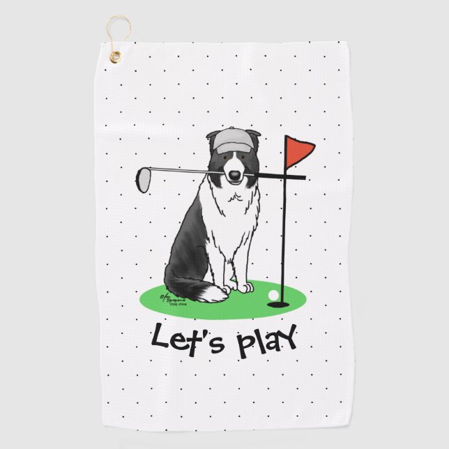 Border Collie Dog Playing Golf (black & white) Fun Golf Towel (Front)