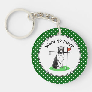 Border Collie Dog Playing Golf (black & white) Fun Keychain
