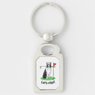 Border Collie Dog Playing Golf (black & white) Fun Keychain