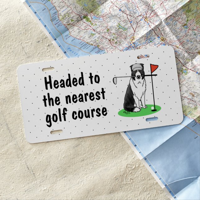 Border Collie Dog Playing Golf (black & white) Fun License Plate (In Situ)