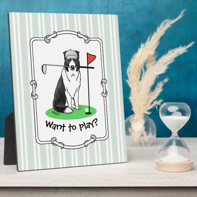 Border Collie Dog Playing Golf (black & white) Fun Plaque (Side)
