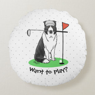 Border Collie Dog Playing Golf (black & white) Fun Round Pillow