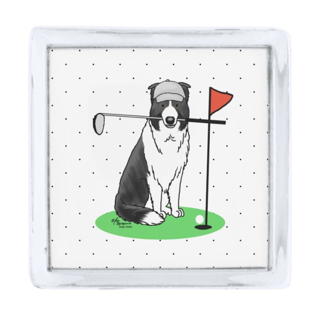Border Collie Dog Playing Golf (black & white) Fun Silver Finish Lapel Pin (Front)