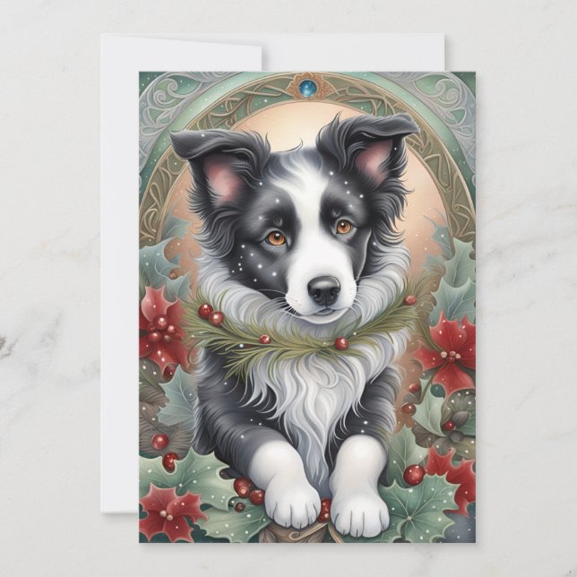 Border Collie Dog Poinsettias Holly Christmas  Holiday Card (Front)