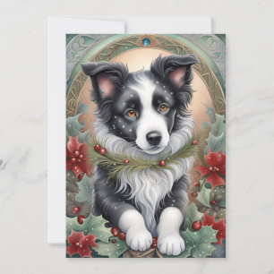 Border Collie Dog Poinsettias Holly Christmas Holiday Card