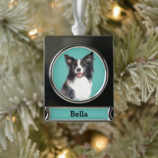 Border Collie Dog Portrait Personalized Silver Plated Banner Ornament (Tree)