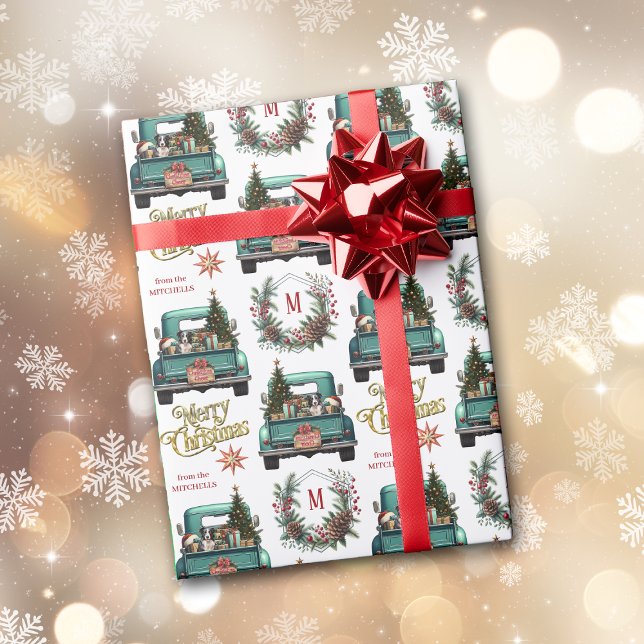 Border Collie Dog Retro Truck Monogram Christmas Wrapping Paper (Creator Uploaded)