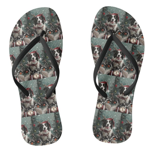 Border Collie Dog Riding Motorcycle Christmas  Flip Flops (Footbed)