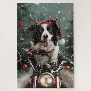 Border Collie Dog Riding Motorcycle Christmas Jigsaw Puzzle