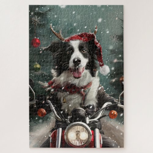 Border Collie Dog Riding Motorcycle Christmas  Jigsaw Puzzle