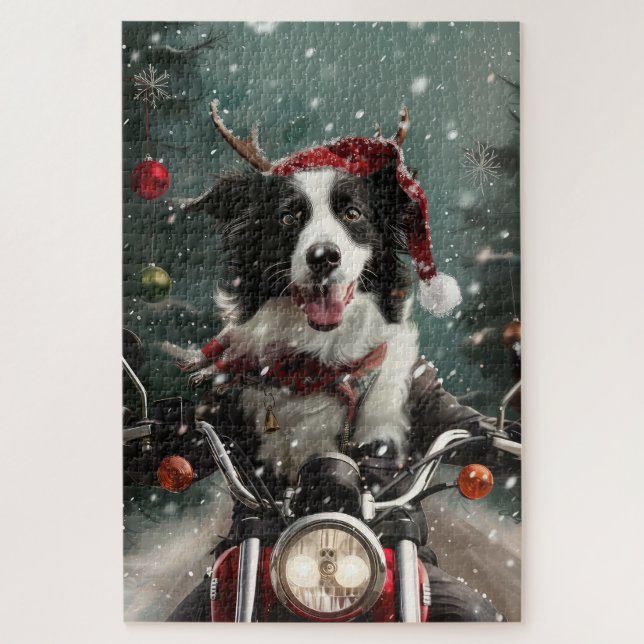 Border Collie Dog Riding Motorcycle Christmas  Jigsaw Puzzle (Vertical)