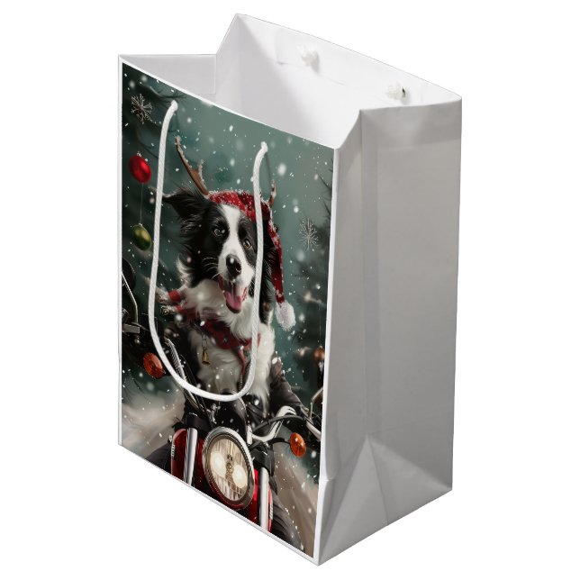 Border Collie Dog Riding Motorcycle Christmas  Medium Gift Bag (Front Angled)