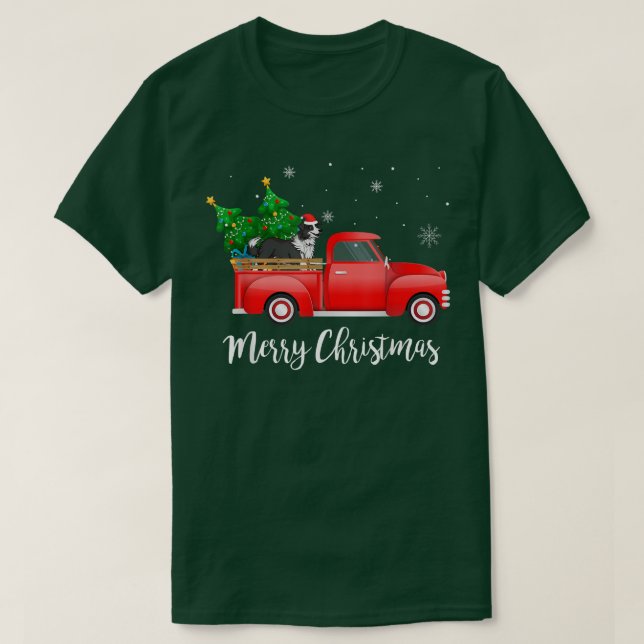 Border Collie Dog Riding Red Truck Christmas  T-Shirt (Design Front)