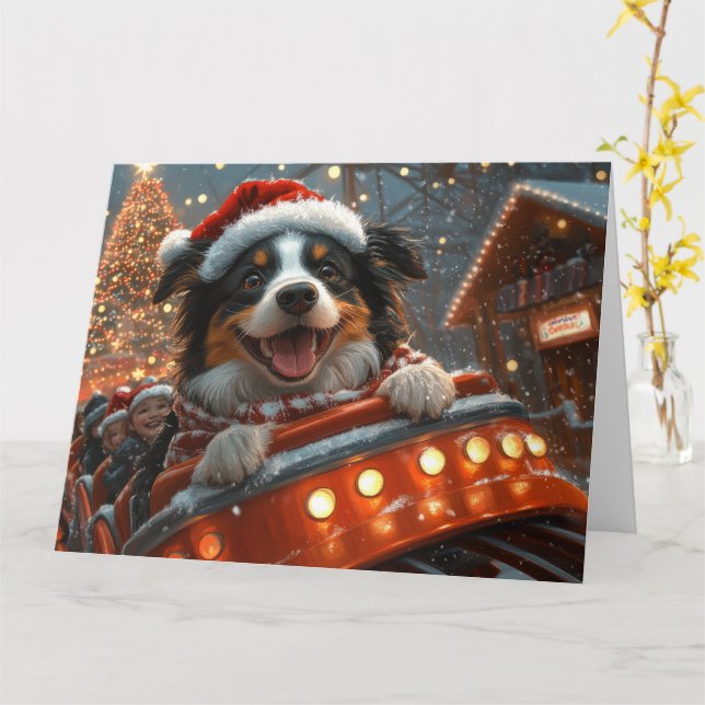 Border Collie Dog Roller Coaster Christmas Card (Yellow Flower)