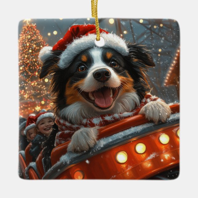 Border Collie Dog Roller Coaster Christmas Ceramic Ornament (Front)