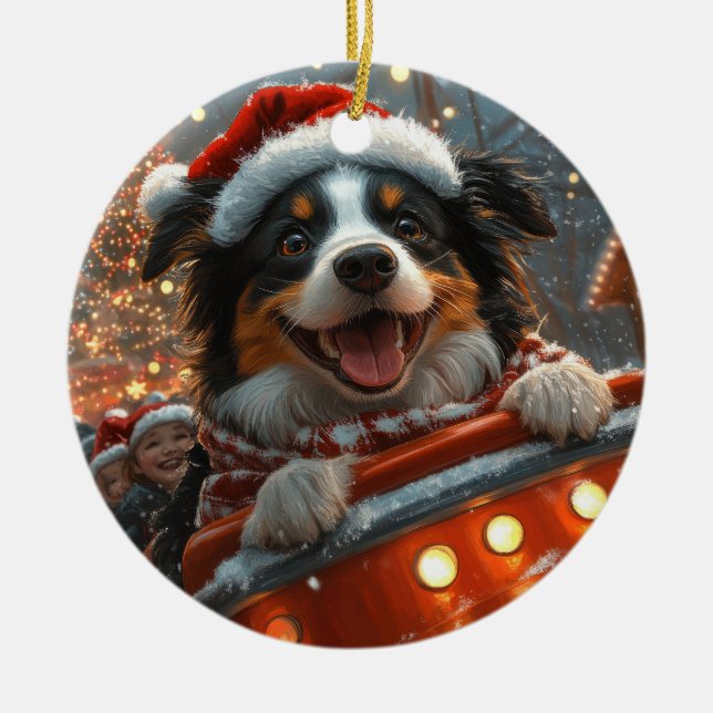 Border Collie Dog Roller Coaster Christmas Ceramic Ornament (Front)