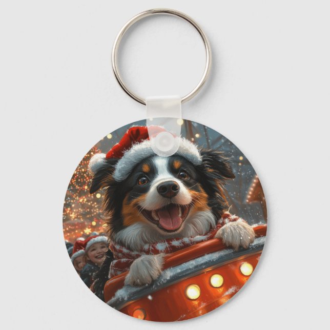 Border Collie Dog Roller Coaster Christmas Keychain (Front)