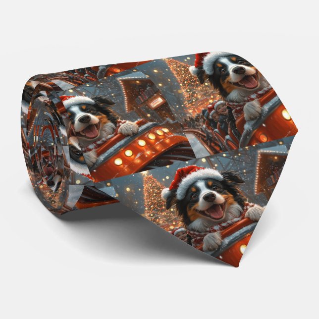 Border Collie Dog Roller Coaster Christmas Neck Tie (Rolled)