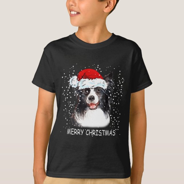 Border Collie Dog Santa Christmas Lights Xmas Boys T-Shirt (Front)