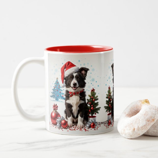 Border Collie Dog Santa Hat Xmas Ugly Christmas Two-Tone Coffee Mug (With Donut)