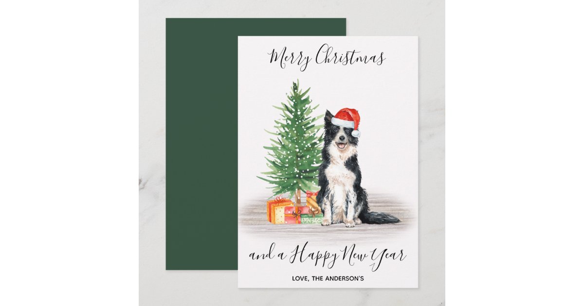 Border Collie Dog Santa Tree Merry Christmas Holiday Card | Zazzle