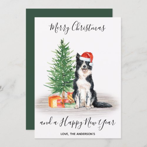 Border Collie Dog Santa Tree Merry Christmas Holiday Card