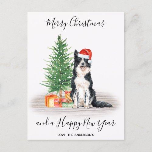 Border Collie Dog Santa Tree Merry Christmas Holiday Postcard