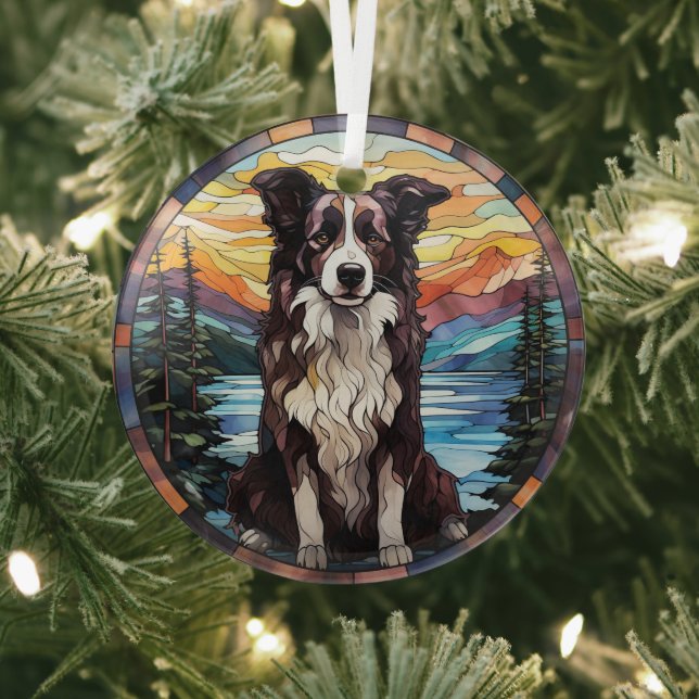 Border Collie Dog Scenic Mountain Stained Glass Ornament (Insitu)