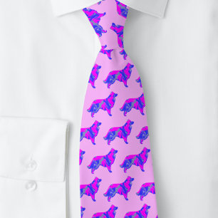 Border Collie Dog Silhouette Pink&Blue Pink Neck Tie