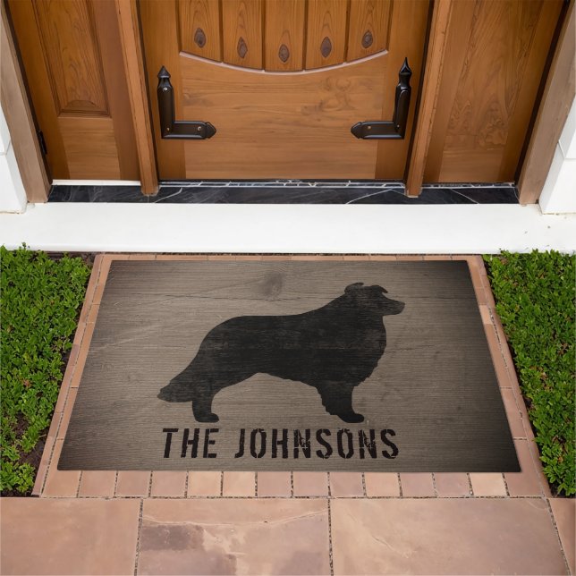 Border Collie Dog Silhouette Rustic Personalized Doormat (Outdoor)