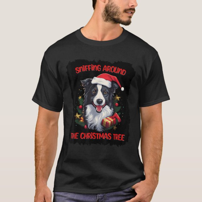 Border Collie Dog Sniffing Around The Christmas Tr T-Shirt (Front)