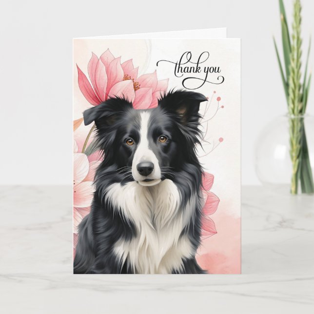 Border Collie Dog Soft Pink Botanical Blooms Thank You Card (Front)