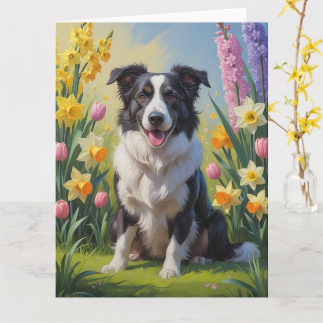Border Collie Dog Spring Flowers Painting Card (Yellow Flower)