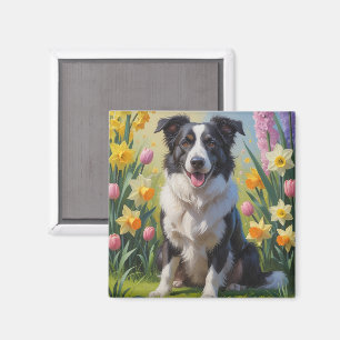 Border Collie Dog Spring Flowers Painting Magnet