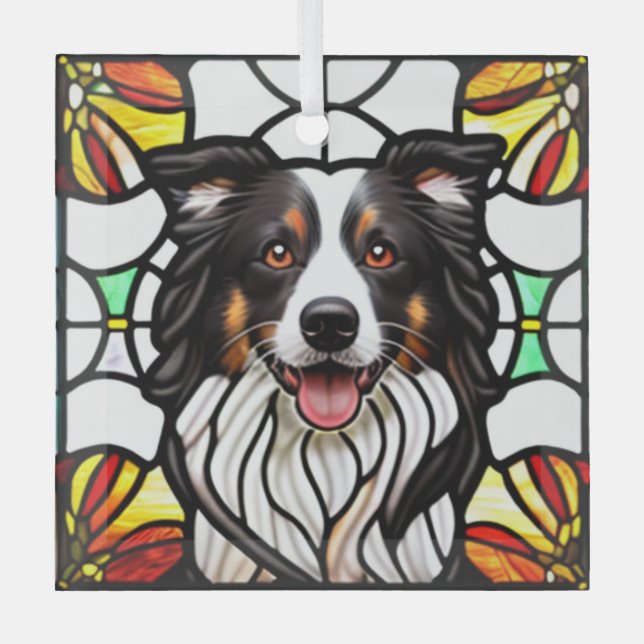 Border Collie Dog "Stained Glass"  Glass Ornament (Front)