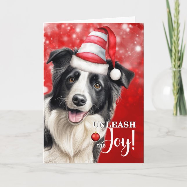 Border Collie Dog Unleash the Joy Christmas Holiday Card (Front)