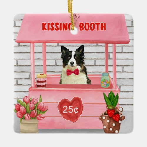 Border Collie Dog Valentines Day Kissing Booth Ceramic Ornament