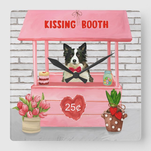 Border Collie Dog Valentine's Day Kissing Booth Square Wall Clock (Front)
