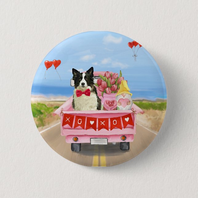 Border Collie Dog Valentine's Day Truck Hearts  Button (Front)