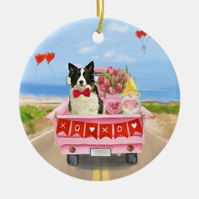 Border Collie Dog Valentine's Day Truck Hearts  Ceramic Ornament (Front)