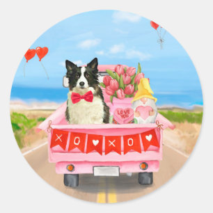 Border Collie Dog Valentine's Day Truck Hearts Classic Round Sticker