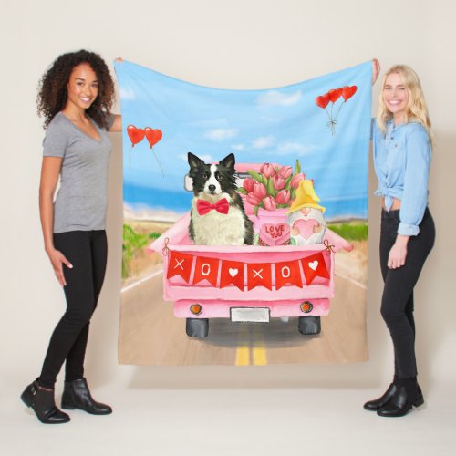 Border Collie Dog Valentines Day Truck Hearts Fleece Blanket