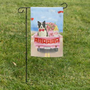 Border Collie Dog Valentine's Day Truck Hearts Garden Flag