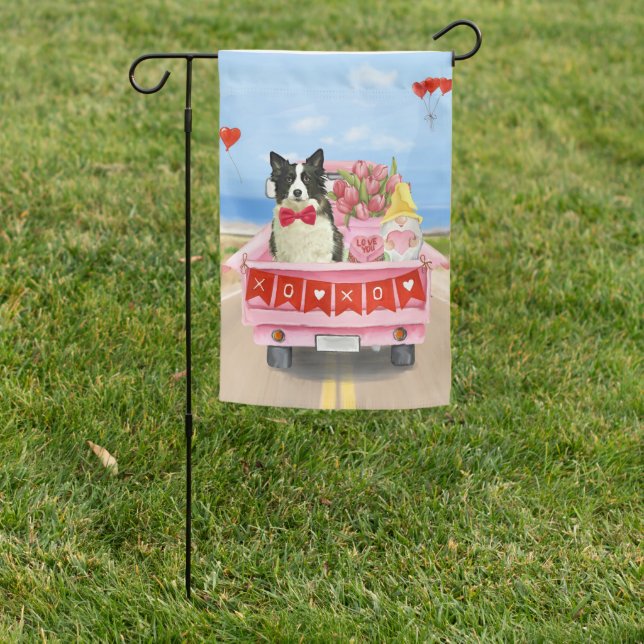Border Collie Dog Valentine's Day Truck Hearts Garden Flag (In SItu)