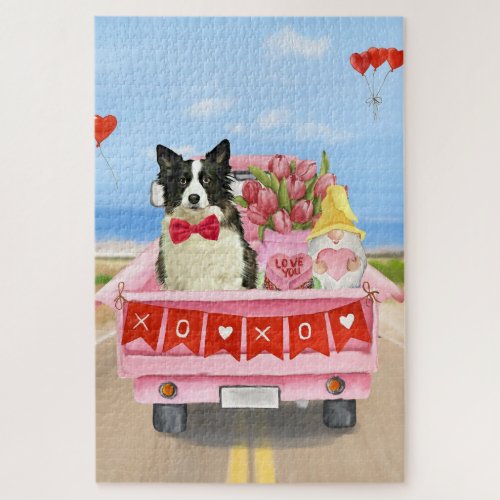 Border Collie Dog Valentines Day Truck Hearts Jigsaw Puzzle